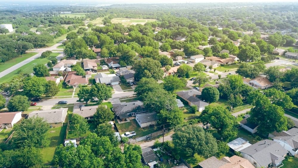 Aerial view of suburban residential neighborhood.