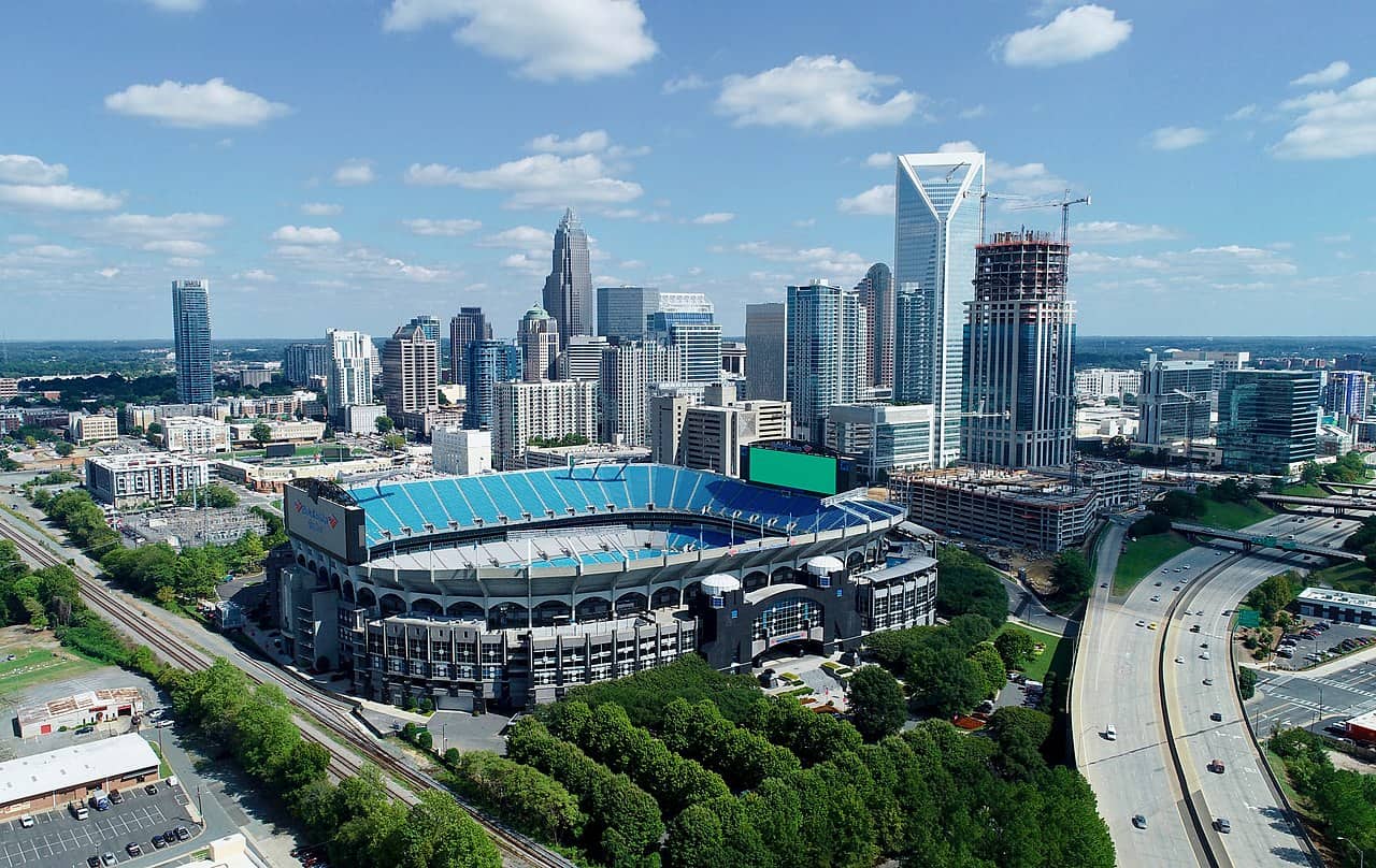 Charlotte skyline and football stadium aerial view